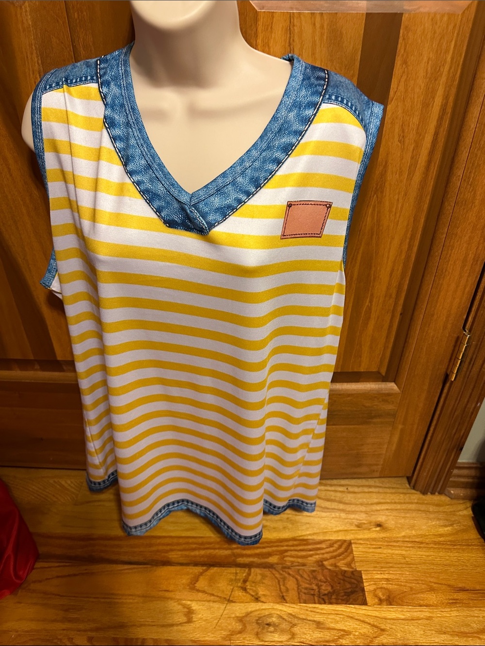 Sleeveless Yellow Stripe V-Neck Top with Denim Trim